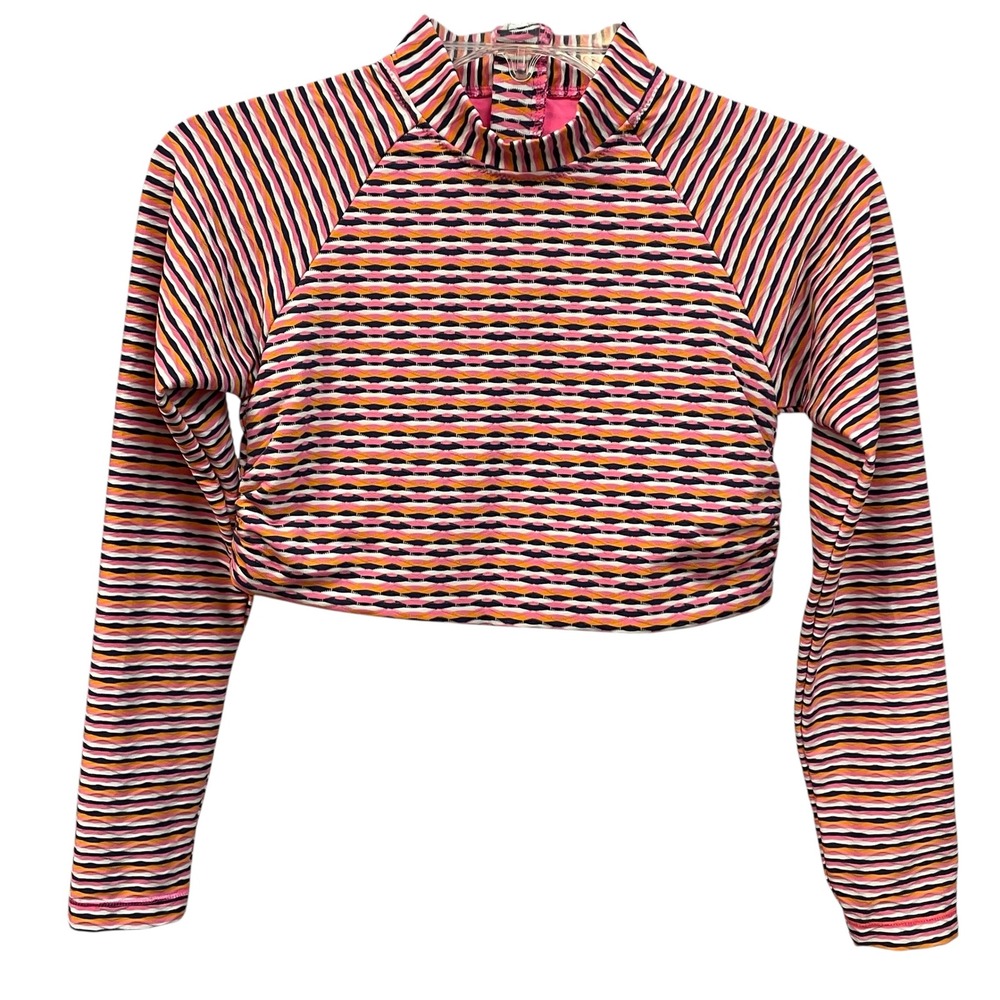 Athleta Striped Cropped Long Sleeve Swim XS Pink Orange Navy Activewear